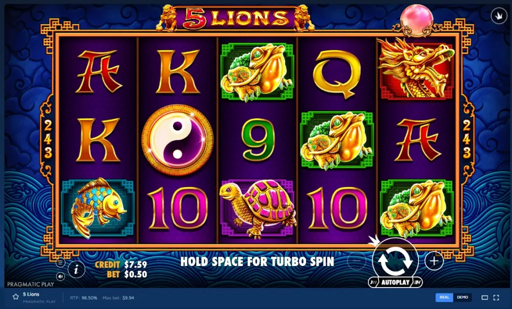 5 Lions gameplay: 5x3 reels with golden animals, yin-yang symbol, and card symbols on a blue patterned background.