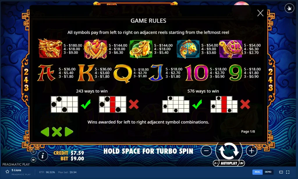 5 Lions paytable: symbol payouts for golden creatures and cards alongside win way mechanic diagrams.