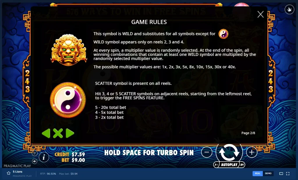 5 Lions game rules screen explaining the golden lion Wild multipliers and Yin-Yang Scatter payouts.
