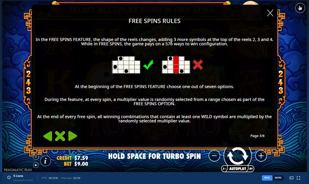 5 Lions rules screen: Free Spins Rules overlay explaining 576 ways to win and multiplier options with reel diagrams.