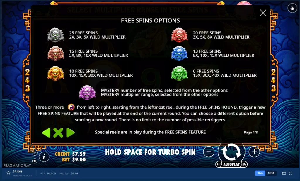 5 Lions rules screen: Free Spins Options with colored lion heads, wild multiplier ranges, and trigger descriptions.