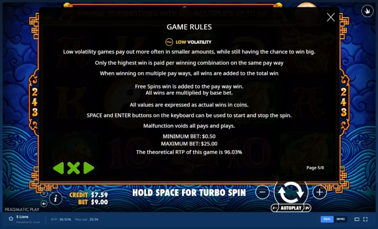 5 Lions game rules window showing volatility level, payout rules, minimum and maximum bets, and RTP.