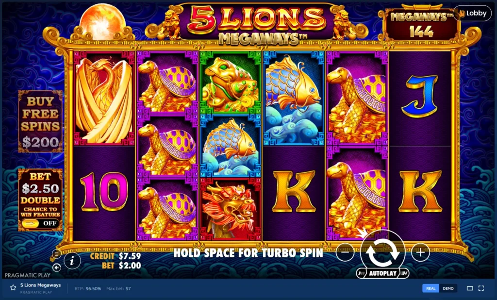 5 Lions Megaways gameplay: 6-reel Megaways grid with golden animal symbols, Buy Free Spins and Ante Bet buttons