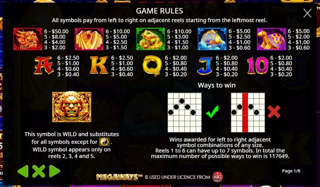 5 Lions Megaways paytable screen showing symbol payouts, wild lion symbol rules, and ways to win explanation.