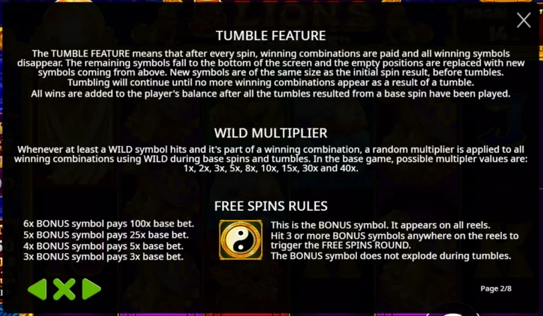 5 Lions Megaways rules screen: Tumble Feature, Wild Multiplier values, and Free Spins Bonus symbol payouts.
