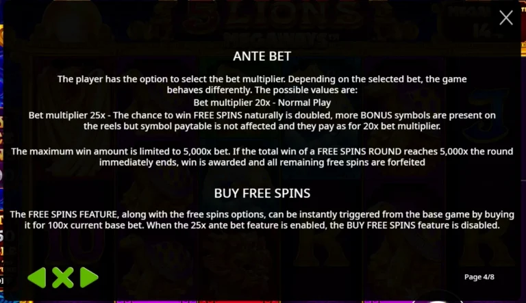 5 Lions Megaways rules screen detailing Ante Bet options, 5,000x max win limit, and Buy Free Spins feature.