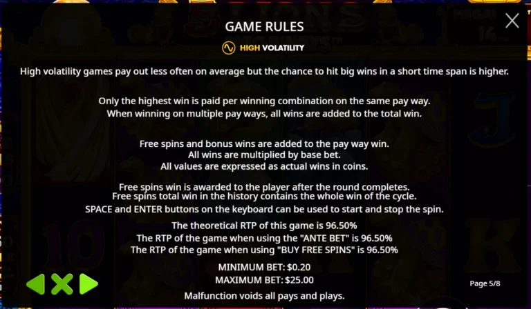 5 Lions Megaways game rules screen with volatility, RTP details, and bet limits.