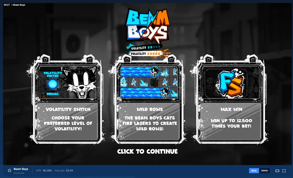Beam Boys intro screen: three cards displaying Volatility Switch, Wild Rows, and Max Win of up to 12,500x.