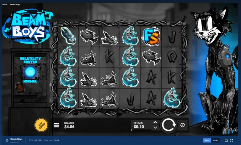 Beam Boys gameplay: 6x4 grid framed in barbed wire, volatility switch set to Normal, and robotic cat character.