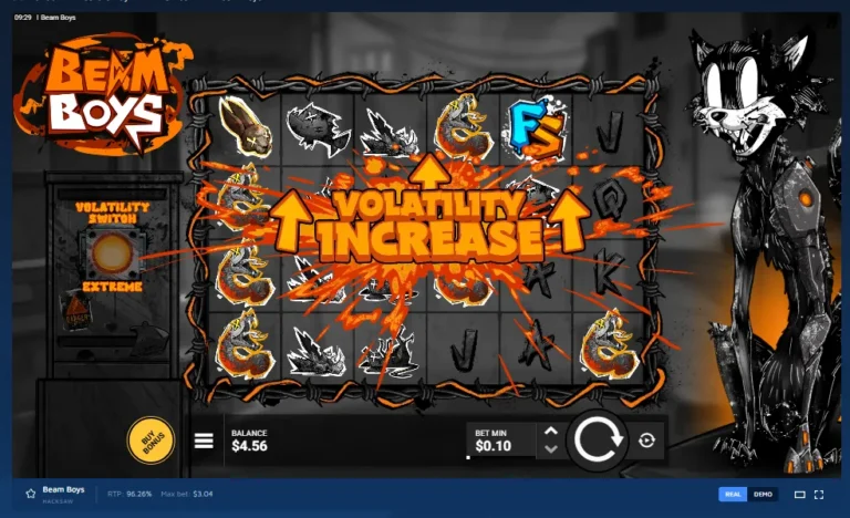 Beam Boys game screen showing a 6x4 grid with a Volatility Increase banner and robotic cat.