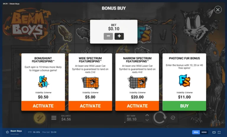 Beam Boys Bonus Buy menu with FeatureSpins and Photonic Fur Bonus purchase cards.