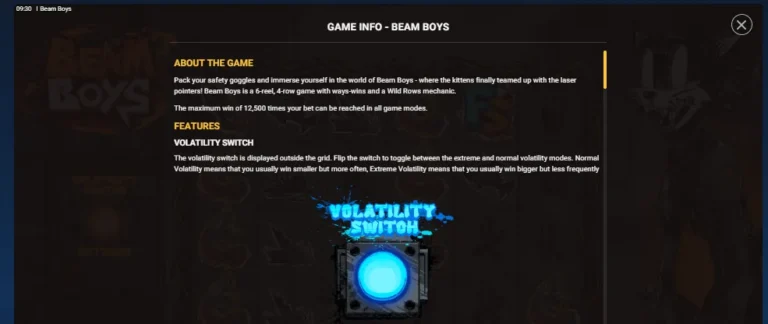 Beam Boys game info screen detailing game rules and the Volatility Switch feature.