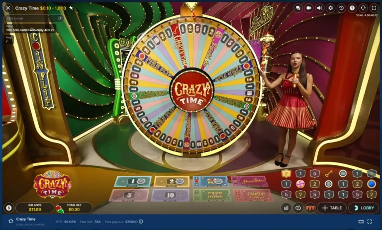 Crazy Time game show wheel with presenter, digital wagering slots, and spin history.