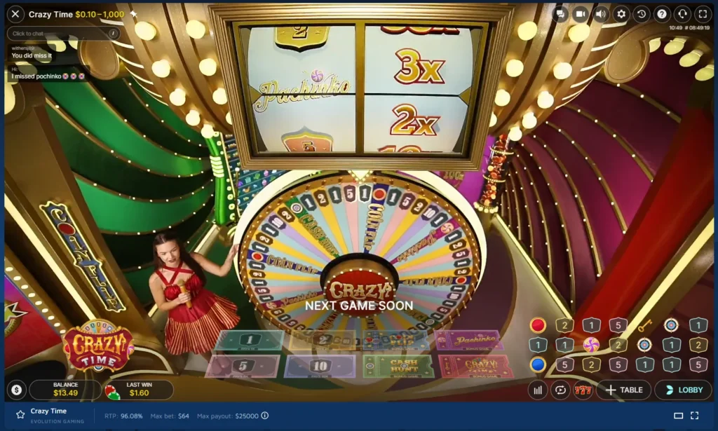 Crazy Time live dealer wheel game with multipliers, betting panel, and recent spin history.