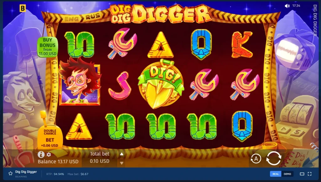 Dig Dig Digger slot base game showing 5 reels, balance, total bet, and feature buy options.