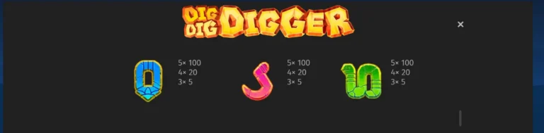 Dig Dig Digger paytable showing multipliers for low-paying card symbols.