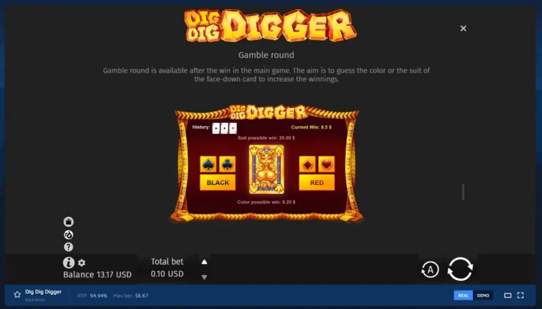 Dig Dig Digger gamble round explanation screen detailing color and suit guess mechanics.