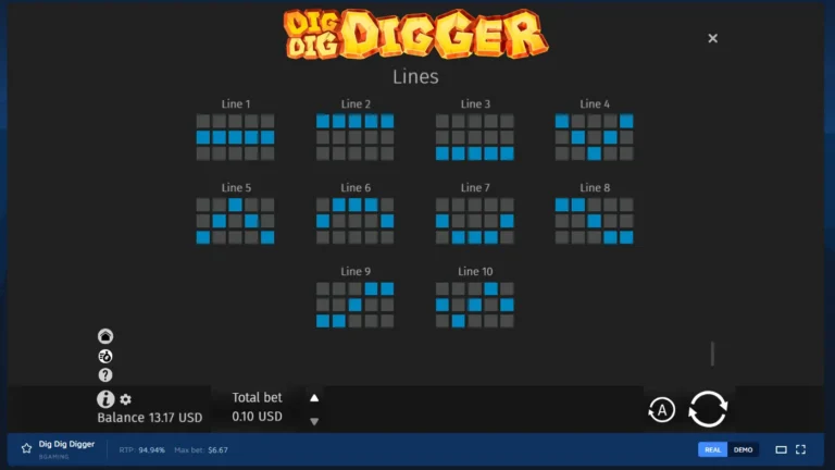 Dig Dig Digger paylines overview displaying patterns for lines 1 through 10 with bottom bet controls.