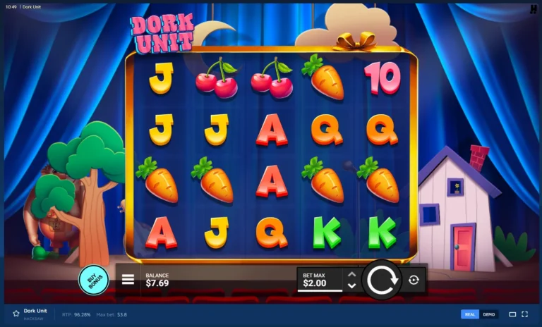 Dork Unit gameplay: 5x4 reel grid set on a theater stage with carrot, cherry, and card symbols.