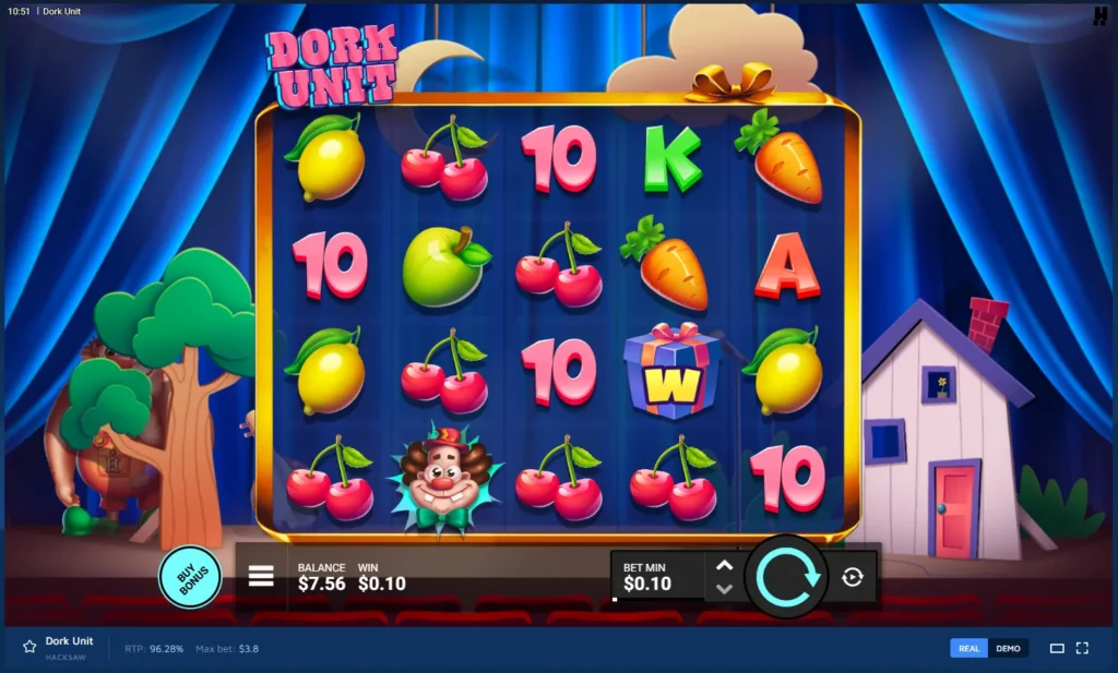 Dork Unit gameplay: 5x4 grid with fruits, carrots, gift boxes, and clowns on a theater stage.