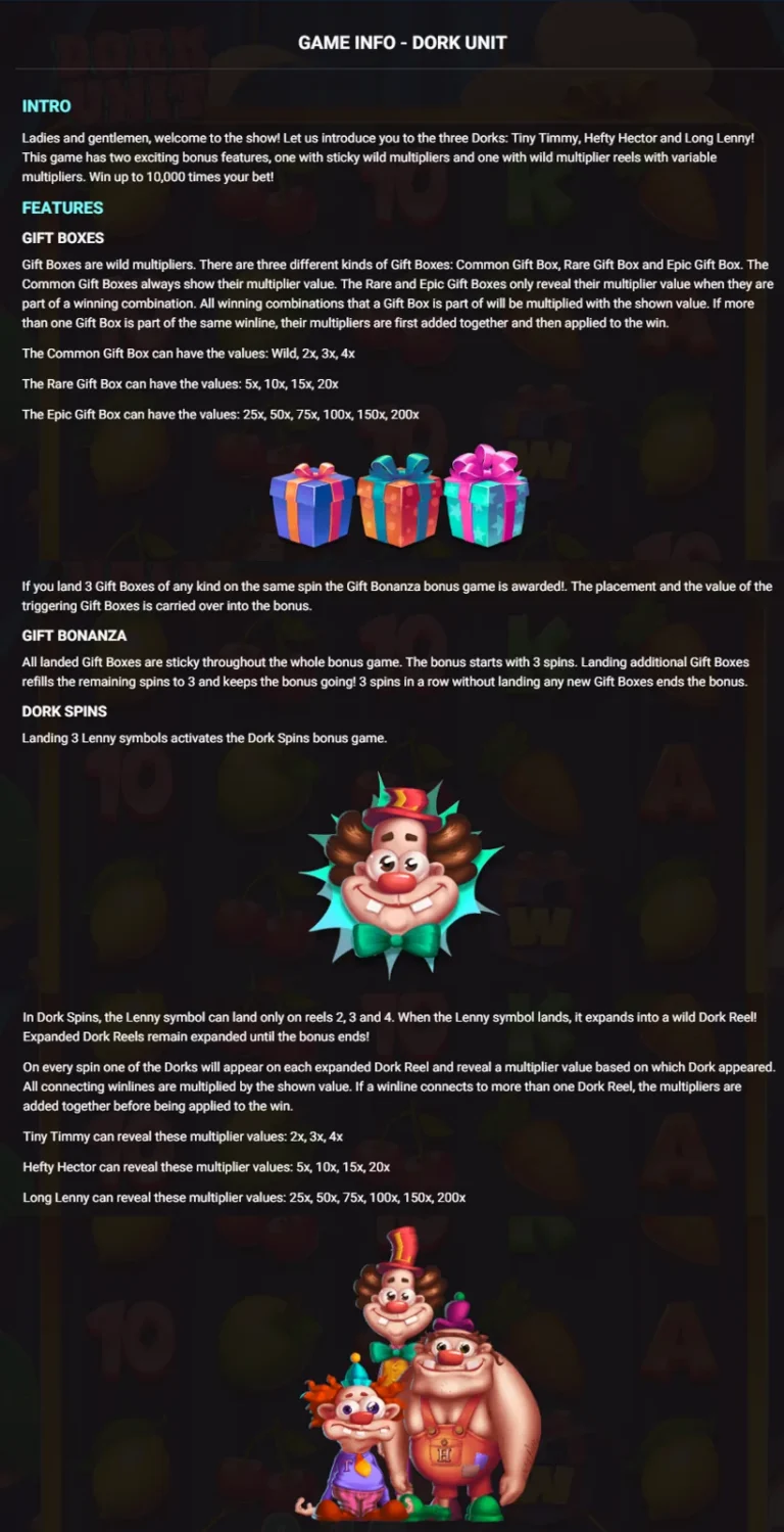 Dork Unit info screen explaining Gift Boxes, Gift Bonanza, and Dork Spins mechanics with character illustrations.