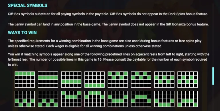 Dork Unit rules screen: Special Symbols text, Ways to Win instructions, and 16 payline grid diagrams.