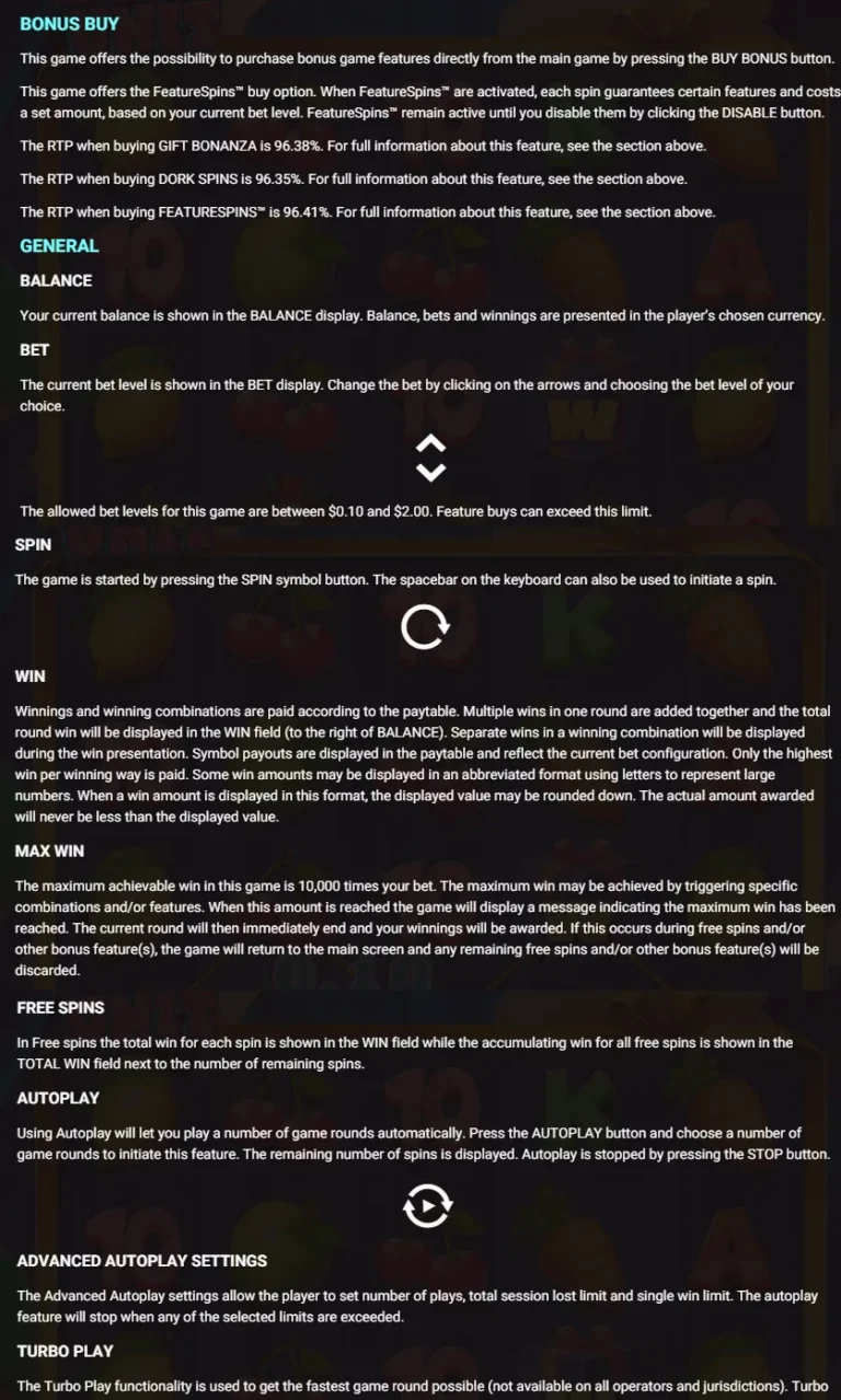 Dork Unit rules screen detailing bonus buy features, RTP percentages, bet limits, and game controls.