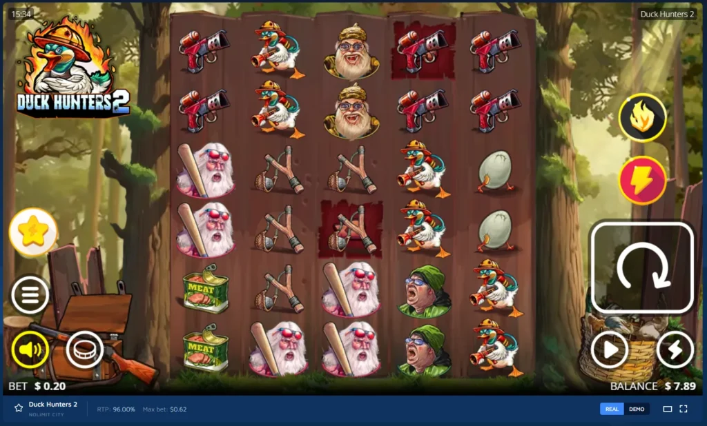 Duck Hunters 2 gameplay: reel grid featuring quirky hunters, armed ducks, and slingshots with forest background.