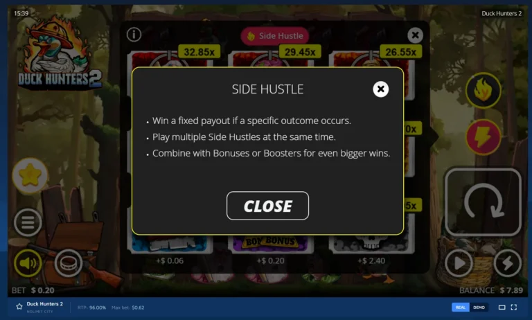 Duck Hunters 2: Side Hustle info modal explaining feature rules over darkened slot reels