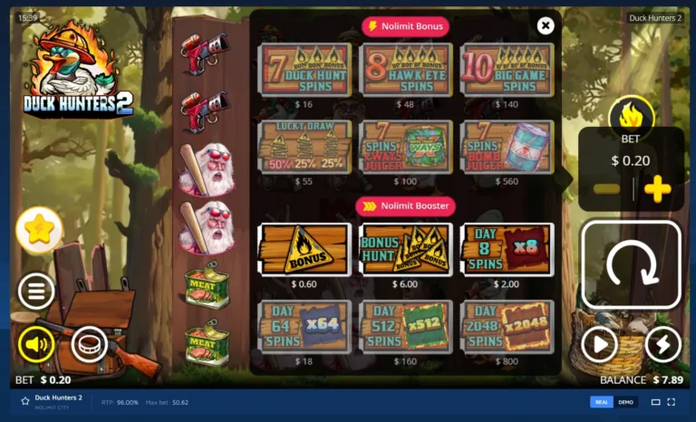 Duck Hunters 2 bonus buy menu showing Nolimit Bonus and Nolimit Booster options with various prices.