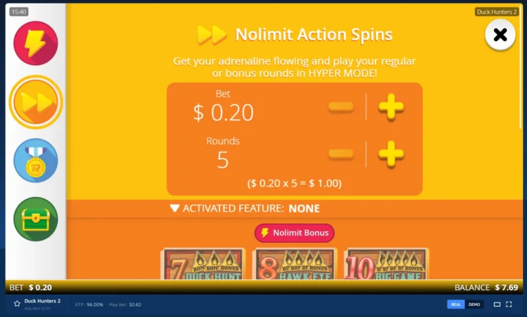 Duck Hunters 2 Nolimit Action Spins screen with bet controls, round selector, and feature buy options.