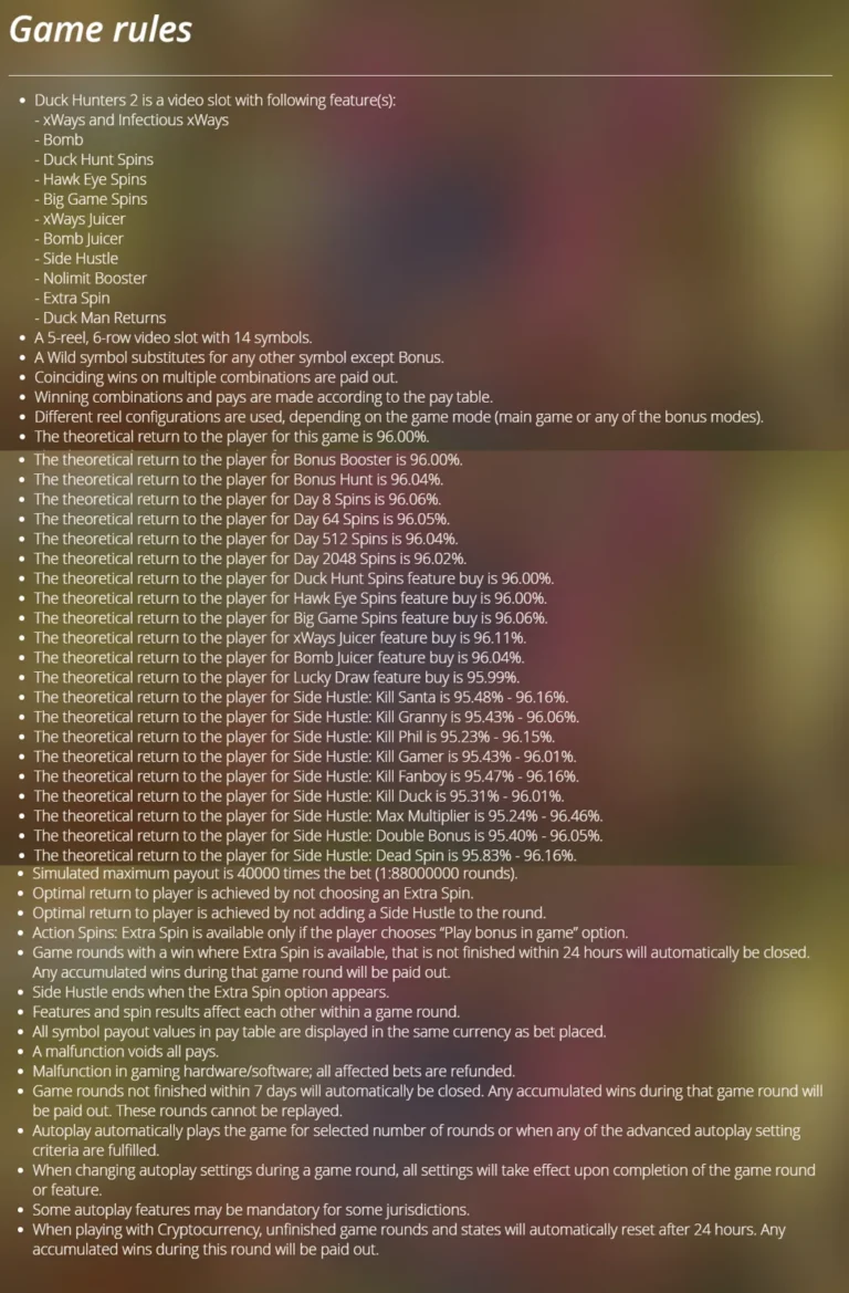 Duck Hunters 2 game rules screen: text list of features, theoretical return to player values, and game mechanics.