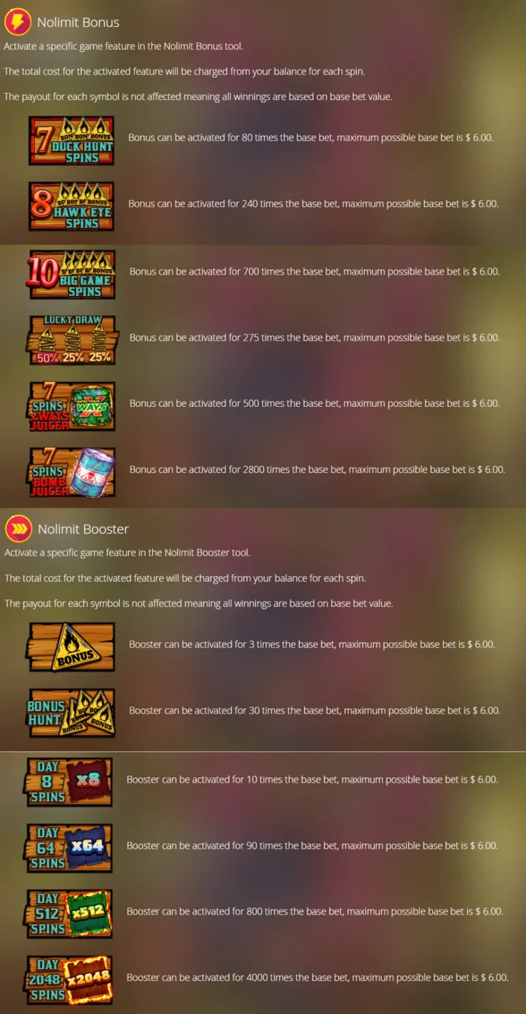 Duck Hunters 2 info screen: overview of Nolimit Bonus and Nolimit Booster feature buy costs and multipliers.