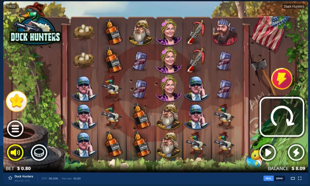 Duck Hunters gameplay: wooden fence reels with duck and hunter symbols, spin and bet controls.