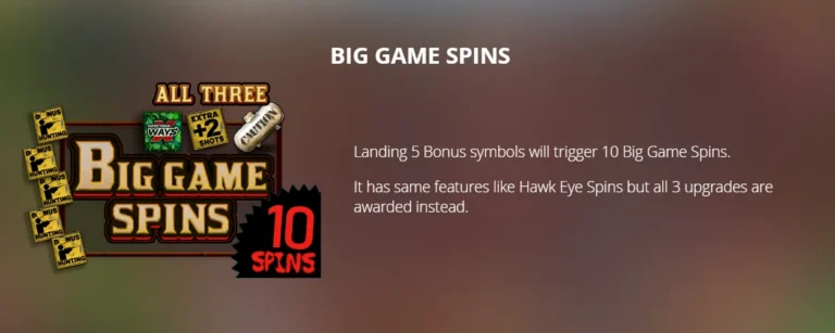 Duck Hunters rules screen: Big Game Spins explanation with bonus symbols and upgrade badges.