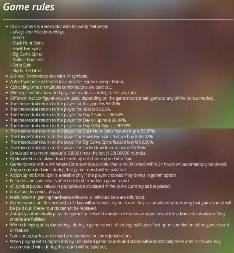 Duck Hunters game rules screen showing RTP rates, feature spin details, and general slot mechanics.
