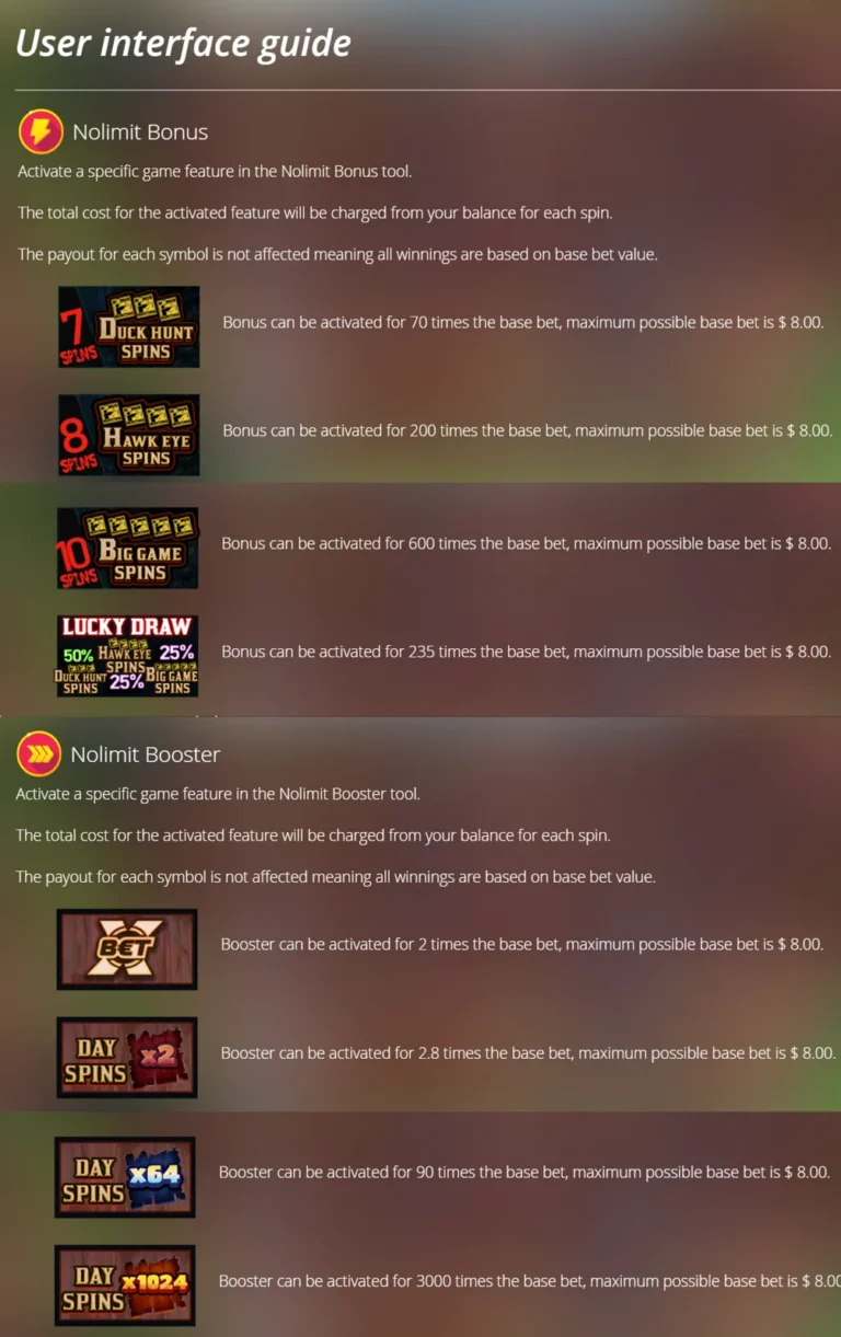 Duck Hunters user interface guide showing Nolimit Bonus and Nolimit Booster buy-in multiplier options and descriptions.