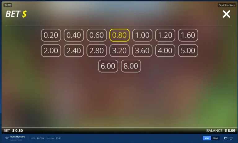 Duck Hunters bet selection menu showing available stake buttons from 0.20 to 8.00.