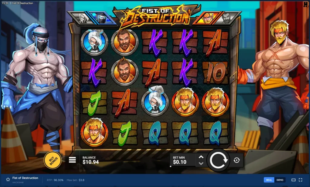 Fist of Destruction gameplay: 5x4 grid flanked by two fighters with fighter portraits and letter symbols.