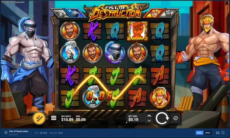 Fist of Destruction gameplay: 5x4 grid flanked by two fighters, showing card ranks and character emblems with a win line.