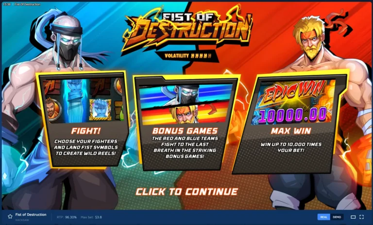 Fist of Destruction intro screen showing two fighters, bonus game overview, and max win multiplier