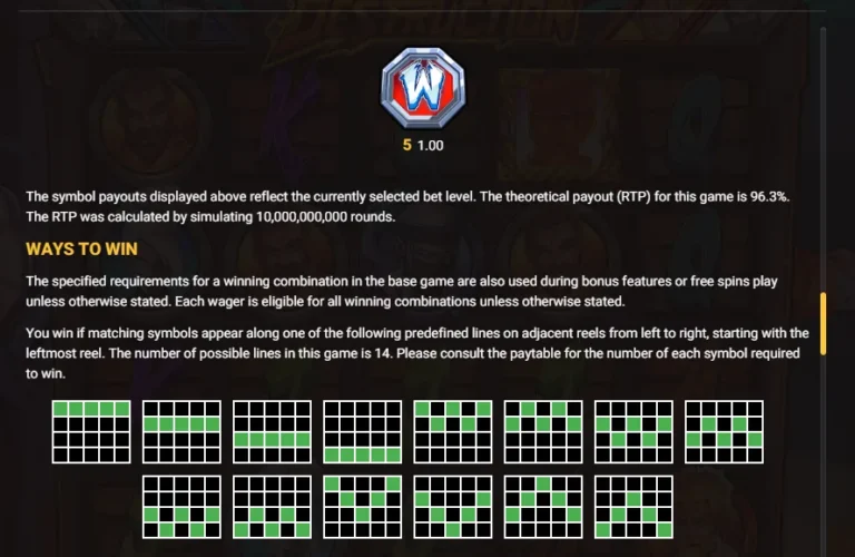 Fist of Destruction info screen showing Wild payout, RTP details, and 14 payline pattern diagrams.
