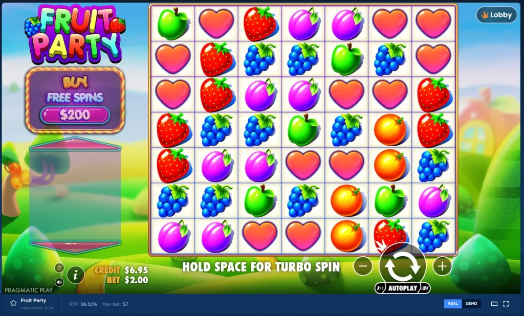Fruit Party gameplay: 7x7 grid with fruit symbols, Buy Free Spins button, and spin controls.