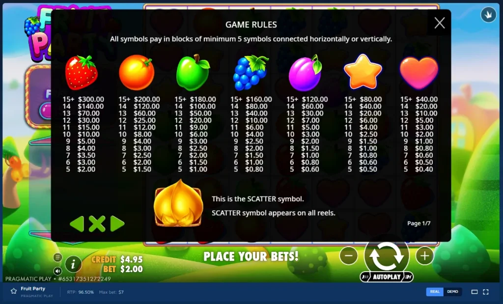 Fruit Party paytable screen displaying cluster payouts for fruit and shape symbols and scatter info.