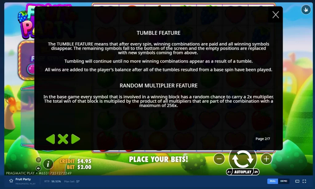 Fruit Party rules screen: overlay detailing the Tumble Feature and Random Multiplier Feature.