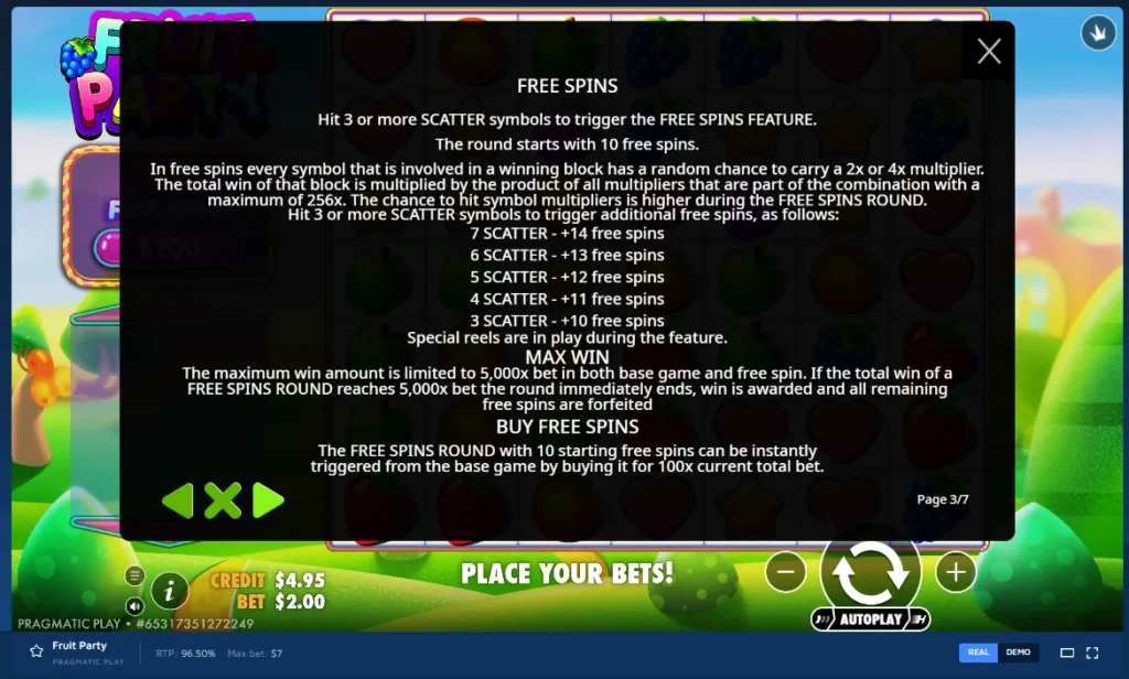Fruit Party rules screen: Free Spins details, multiplier rules, max win limit, and buy feature options.
