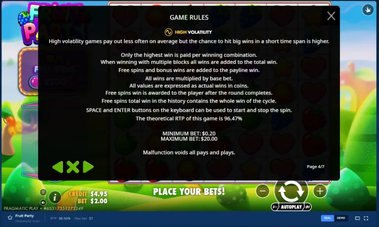 Fruit Party game rules screen showing high volatility info, payout rules, theoretical RTP of 96.47%, and bet limits.