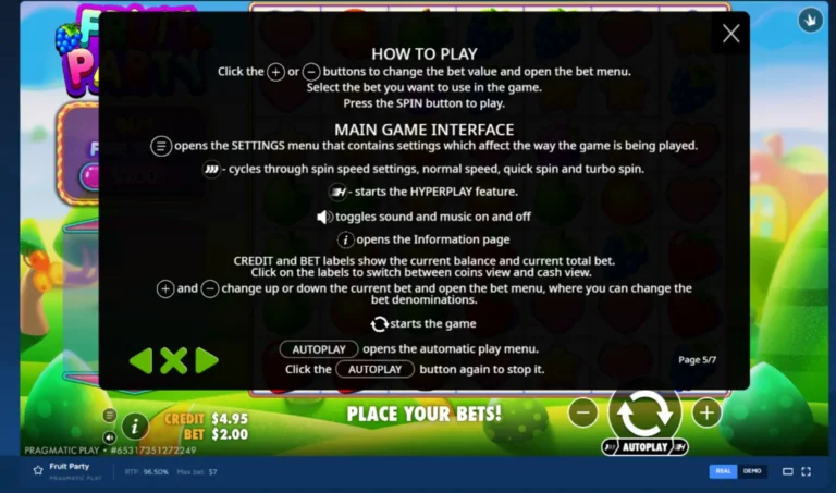Fruit Party game rules screen explaining interface icons, bet controls, spin buttons, and autoplay settings.