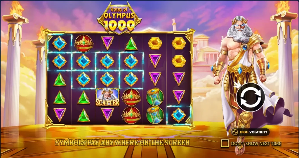 Gates of Olympus 1000 intro splash screen featuring Zeus and the 6x5 symbol grid