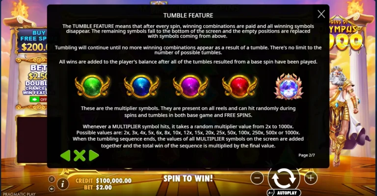 Gates of Olympus 1000 rules page explaining the tumble feature and multiplier symbols up to 1000x.